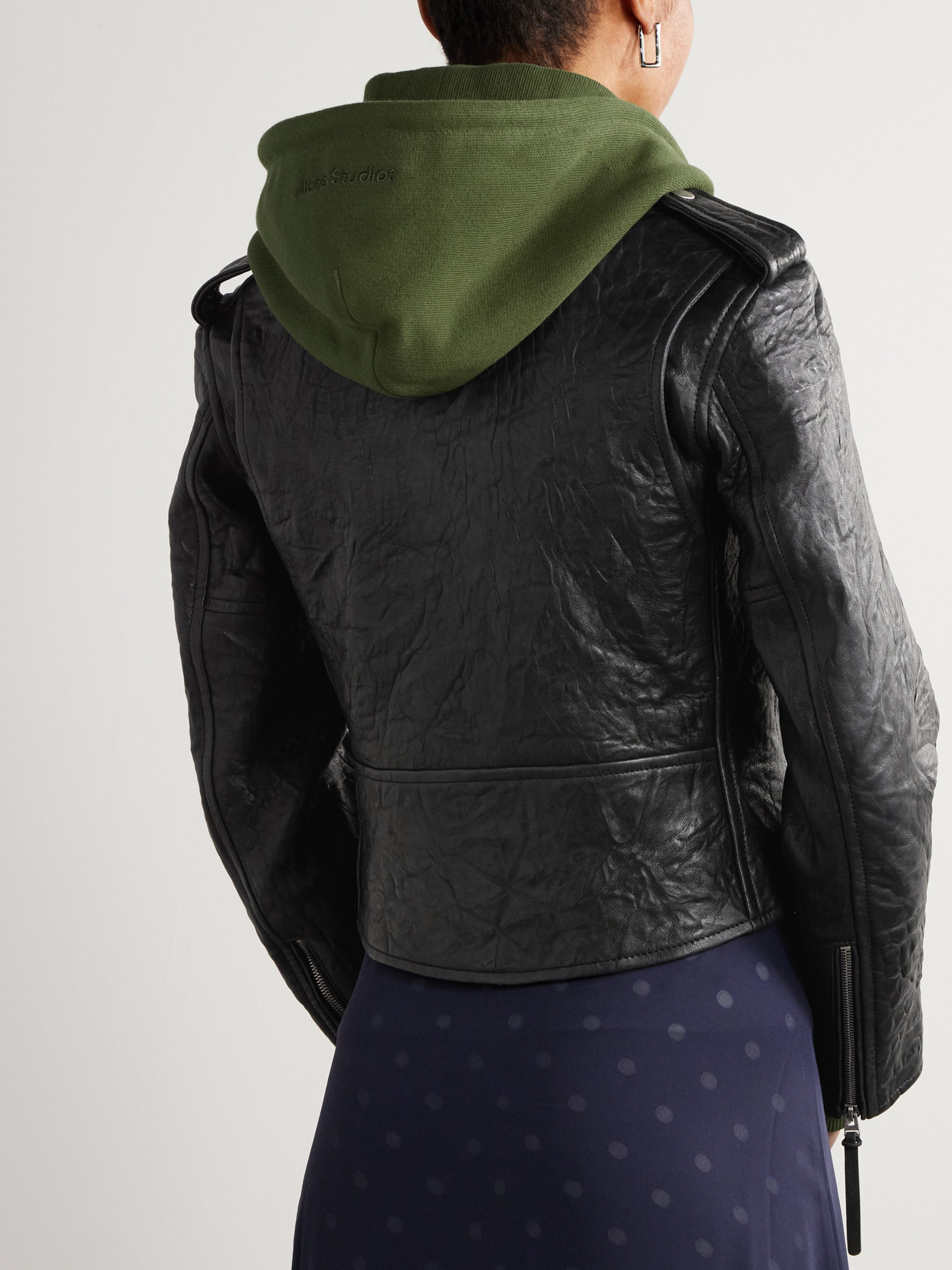 Acne Studios Layered Textured-leather And Organic Cotton-jersey Biker Jacket In Black