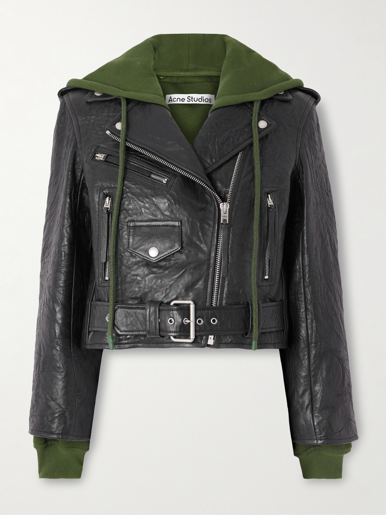 Acne Studios Layered Textured-leather And Organic Cotton-jersey Biker Jacket In Black
