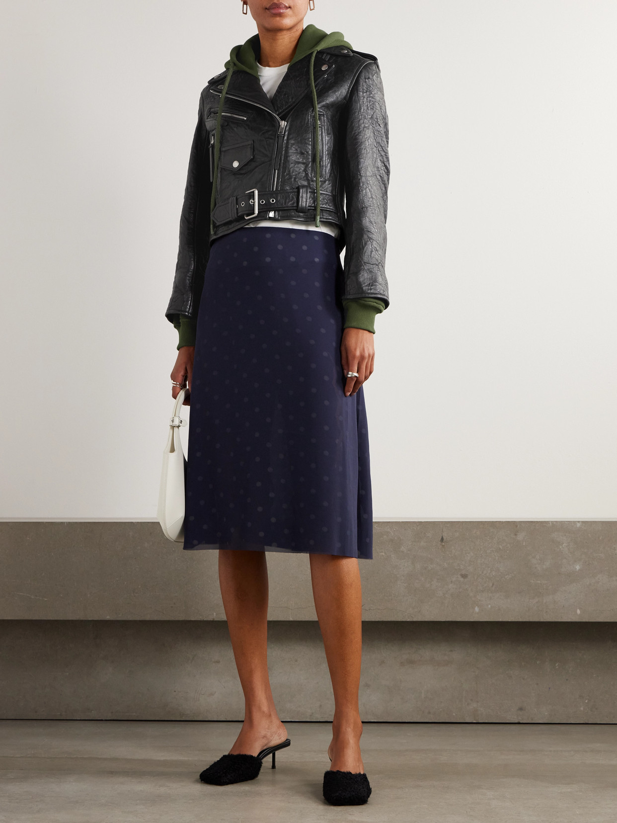 Acne Studios Layered Textured-leather And Organic Cotton-jersey Biker Jacket In Black