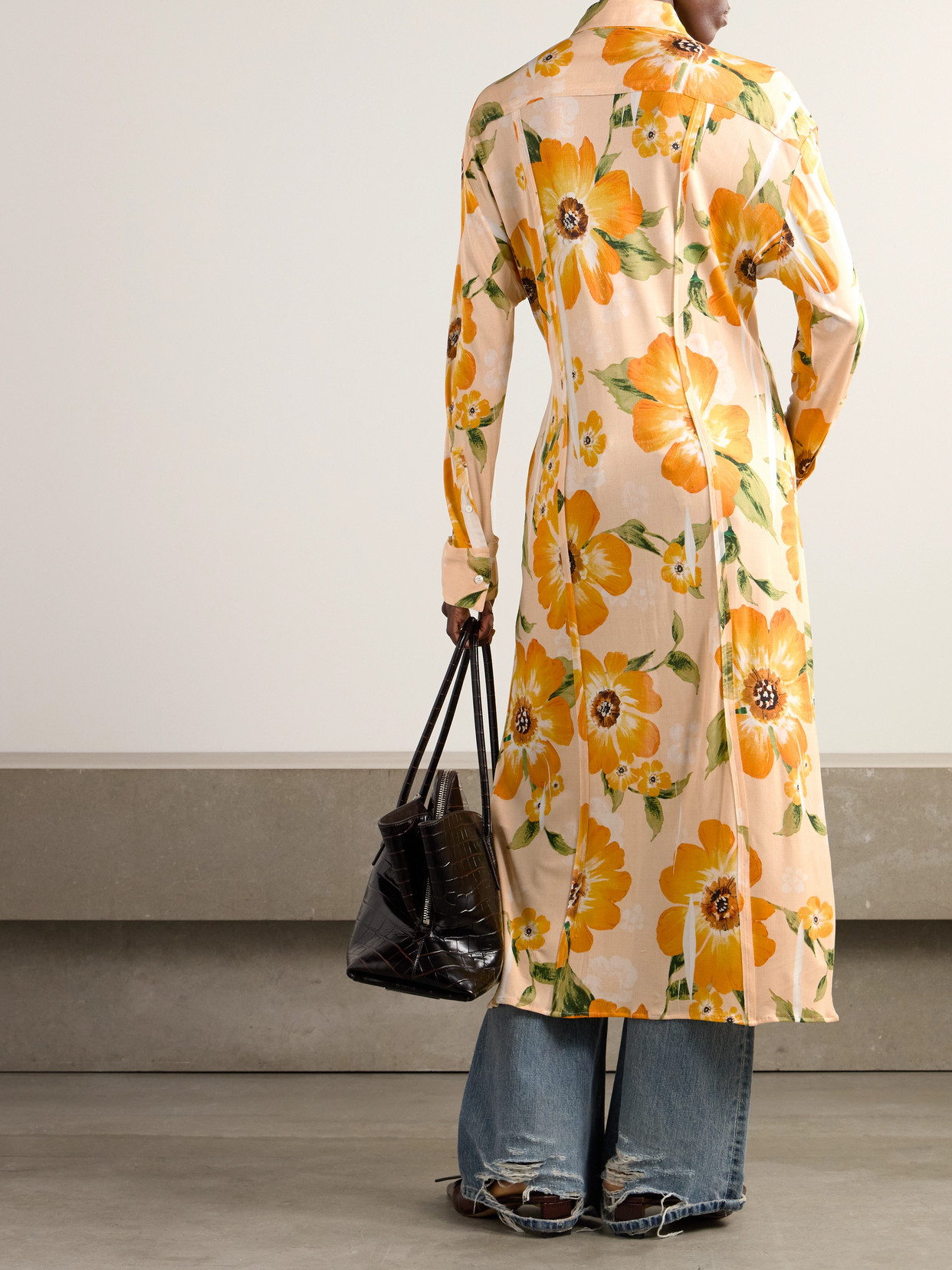 Acne Studios Floral-print Jersey Midi Shirt Dress In Orange