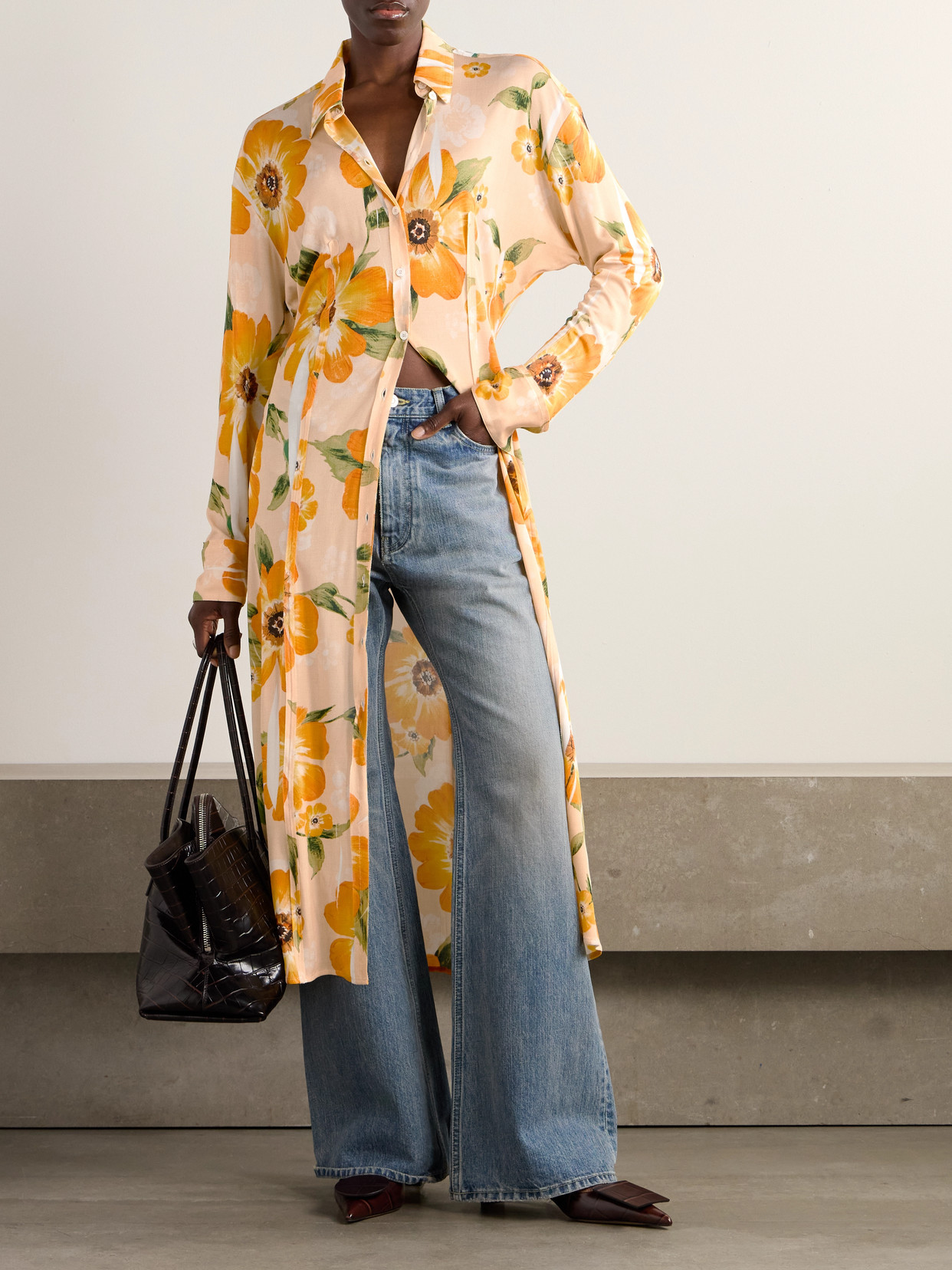 Acne Studios Floral-print Jersey Midi Shirt Dress In Orange