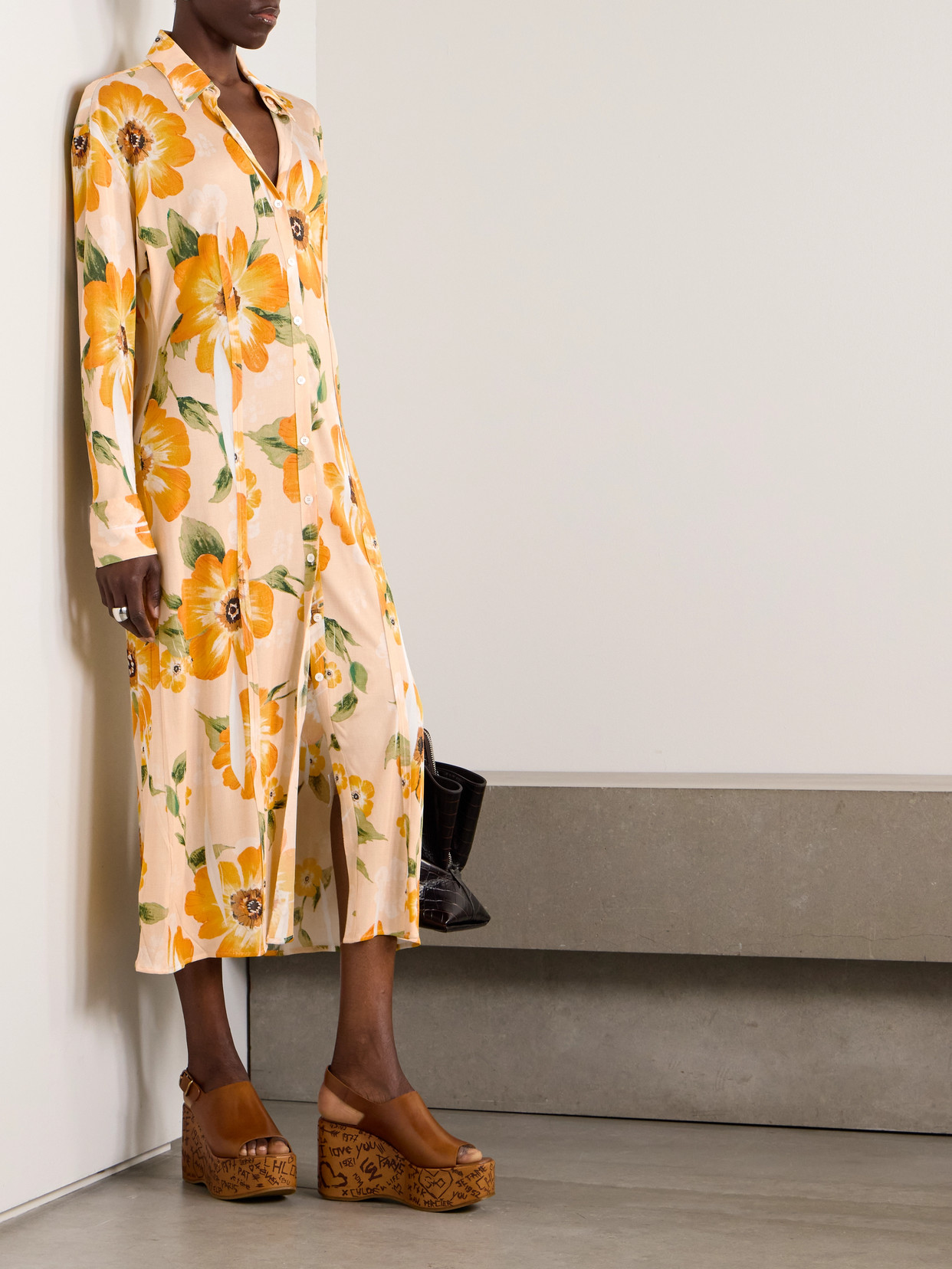 Acne Studios Floral-print Jersey Midi Shirt Dress In Orange