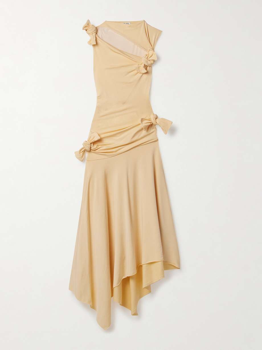 asymmetric knotted cutout stretch-crepe midi dress