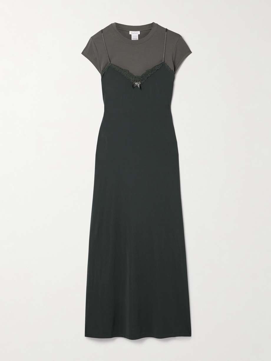 lace-trimmed stretch-jersey and cotton-blend jersey midi dress