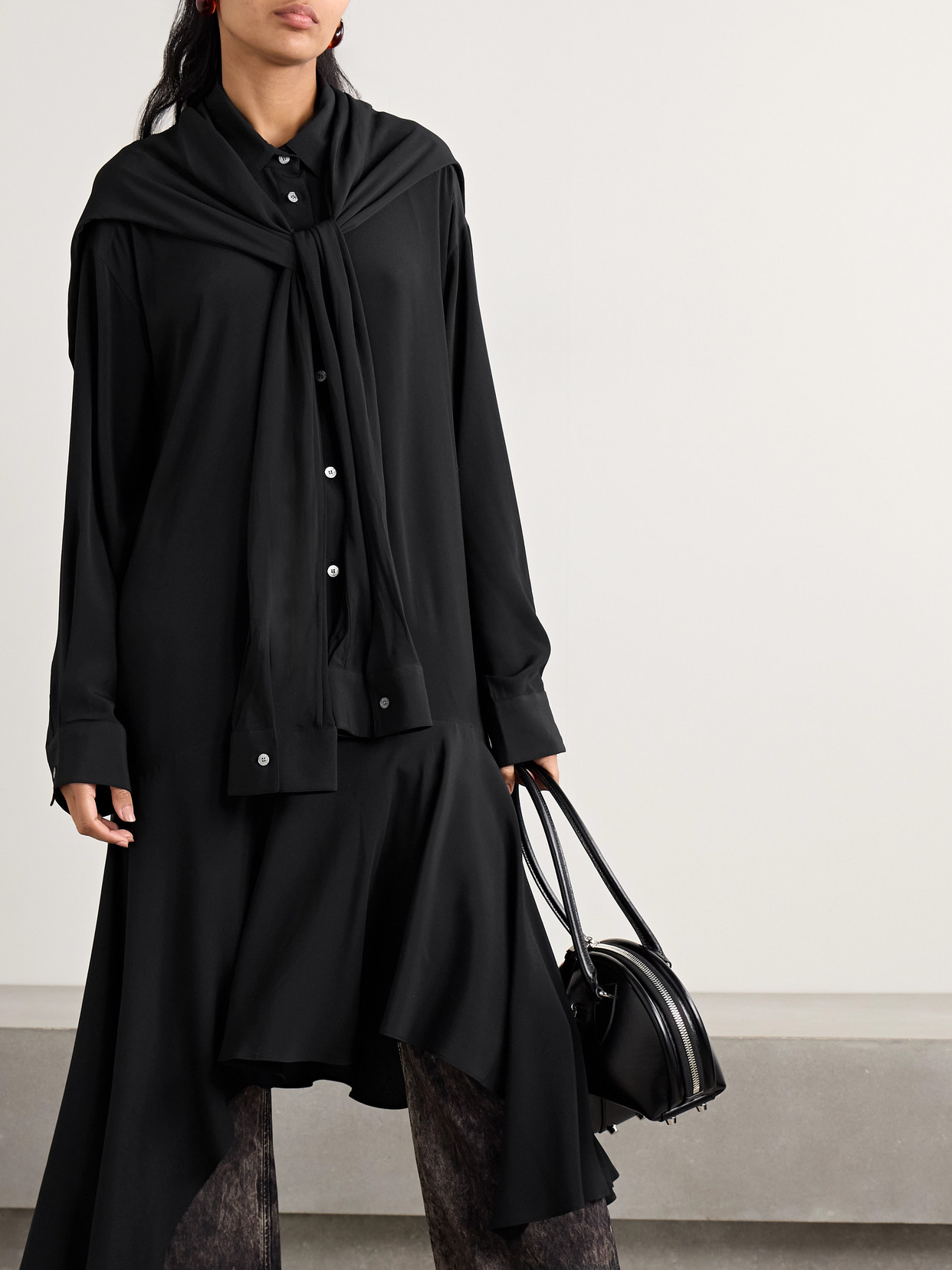 ACNE STUDIOS CONVERTIBLE ASYMMETRIC BELTED CREPE DE CHINE MIDI SHIRT DRESS