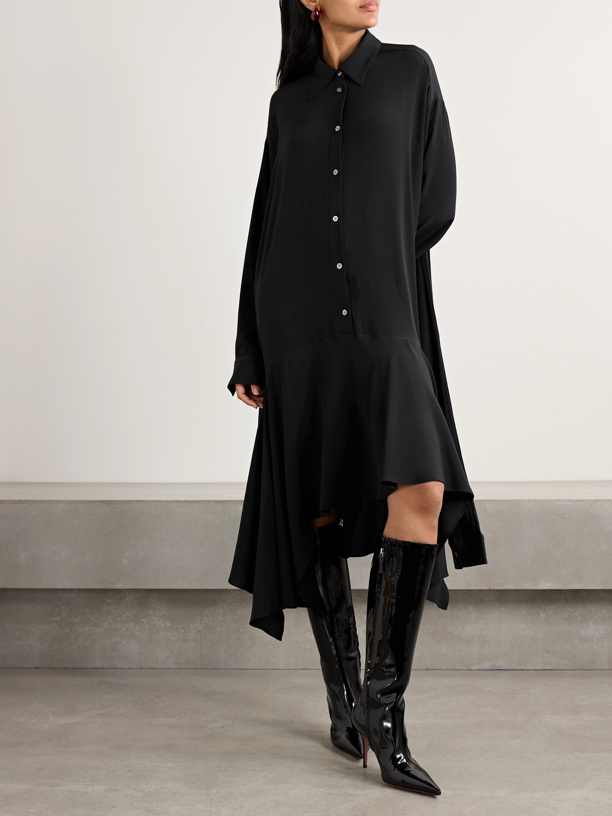 ACNE STUDIOS CONVERTIBLE ASYMMETRIC BELTED CREPE DE CHINE MIDI SHIRT DRESS
