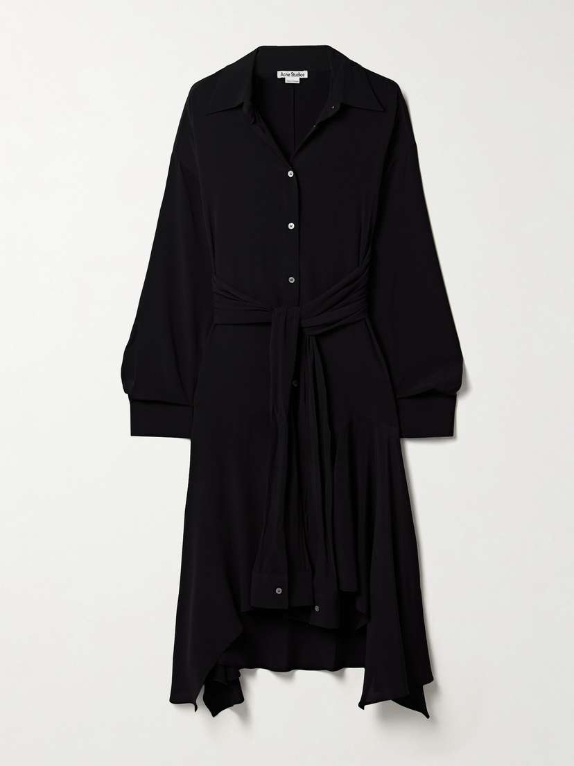 Acne Studios Convertible Asymmetric Belted Crepe De Chine Midi Shirt Dress
