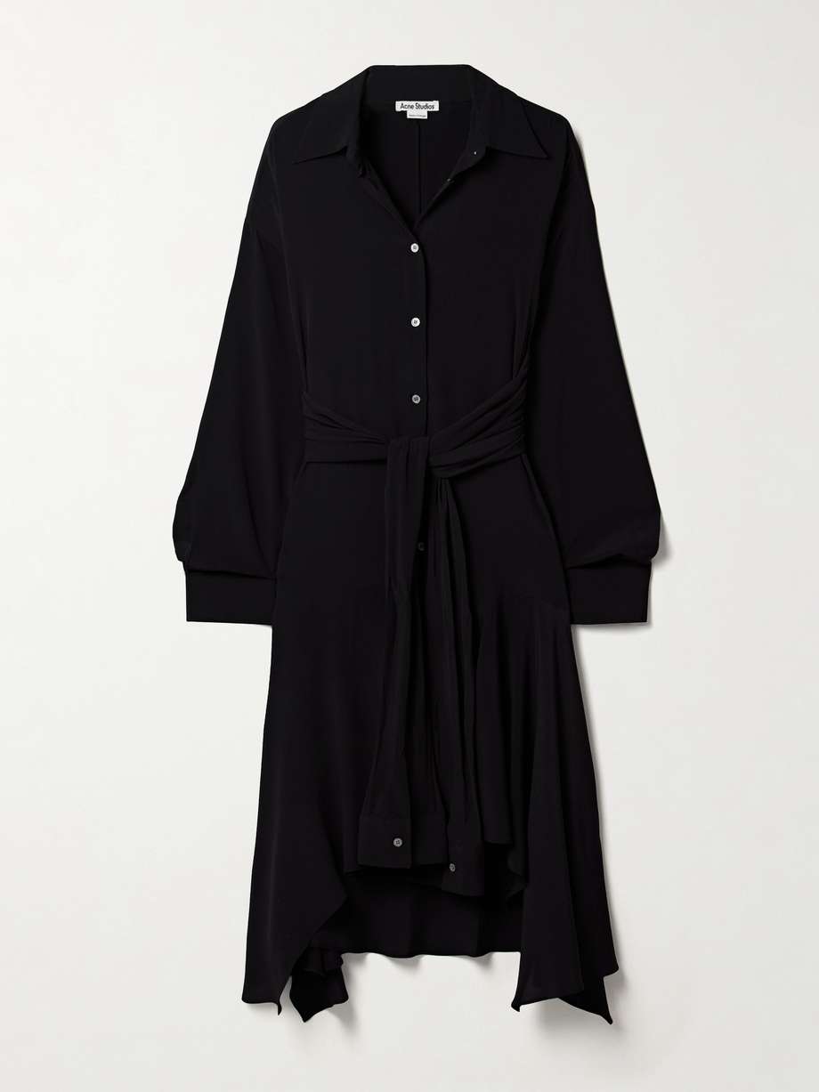 convertible asymmetric belted crepe de chine midi shirt dress