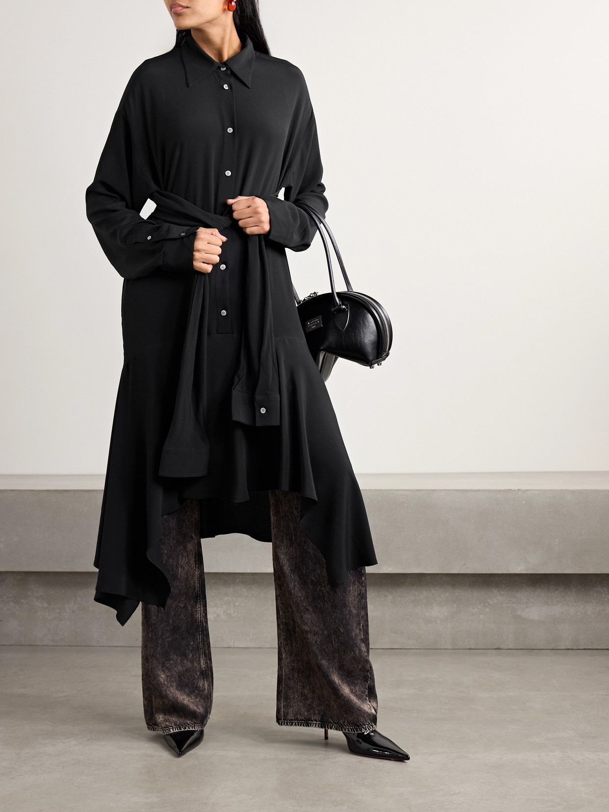 ACNE STUDIOS CONVERTIBLE ASYMMETRIC BELTED CREPE DE CHINE MIDI SHIRT DRESS