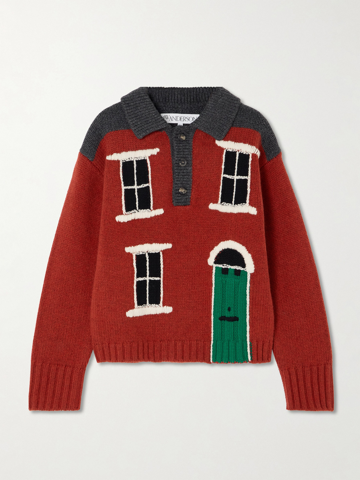 Jw Anderson House Intarsia Wool Polo Sweater In Red