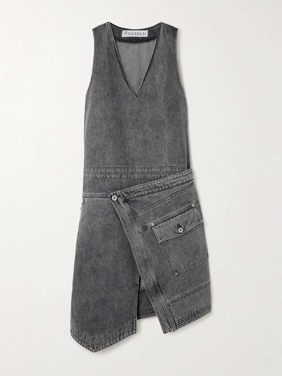 asymmetric wrap-effect denim midi dress