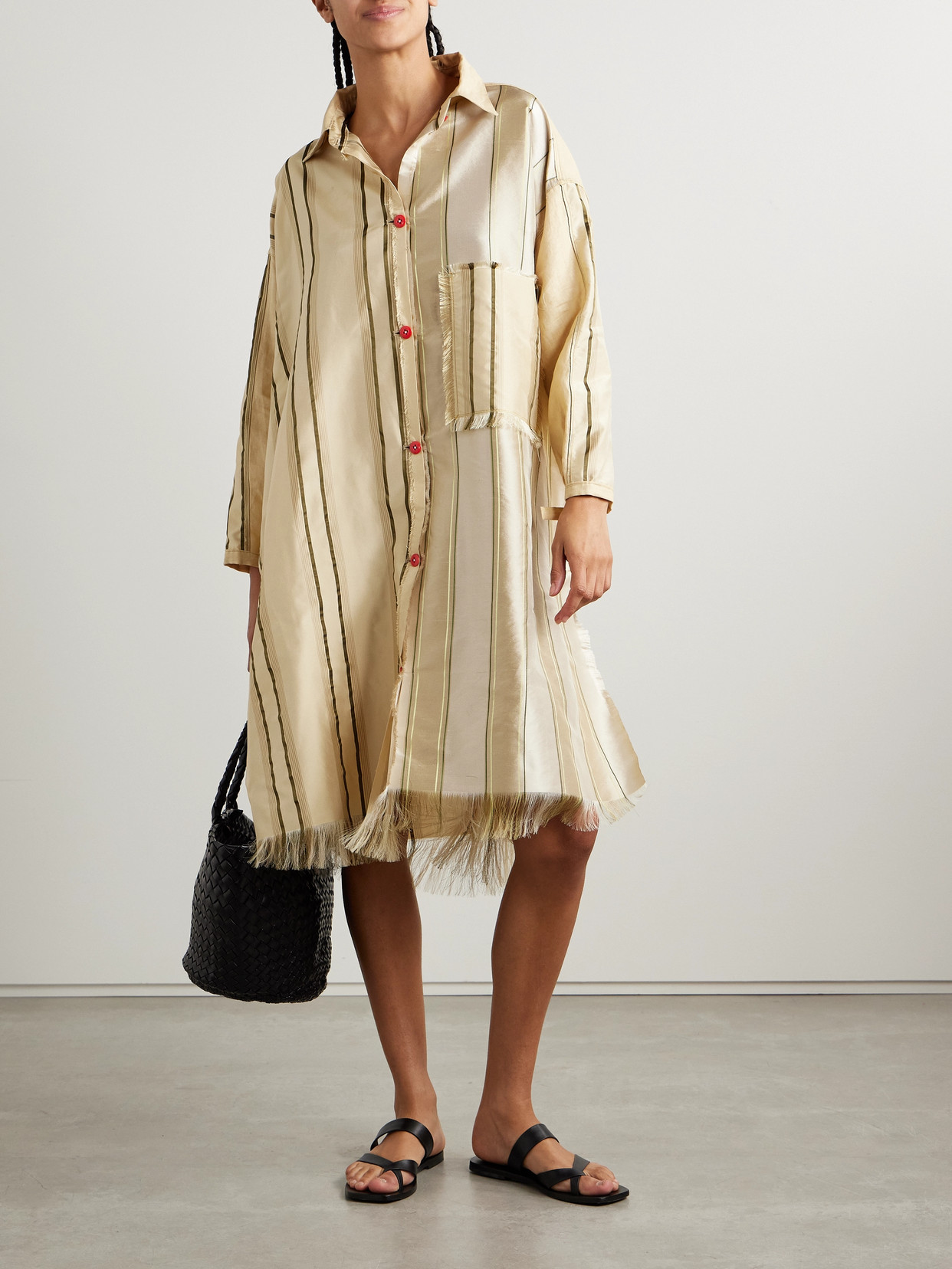 Thank You Have A Good Day Oversized Paneled Striped Silk And Linen Midi Shirt Dress In Yellow