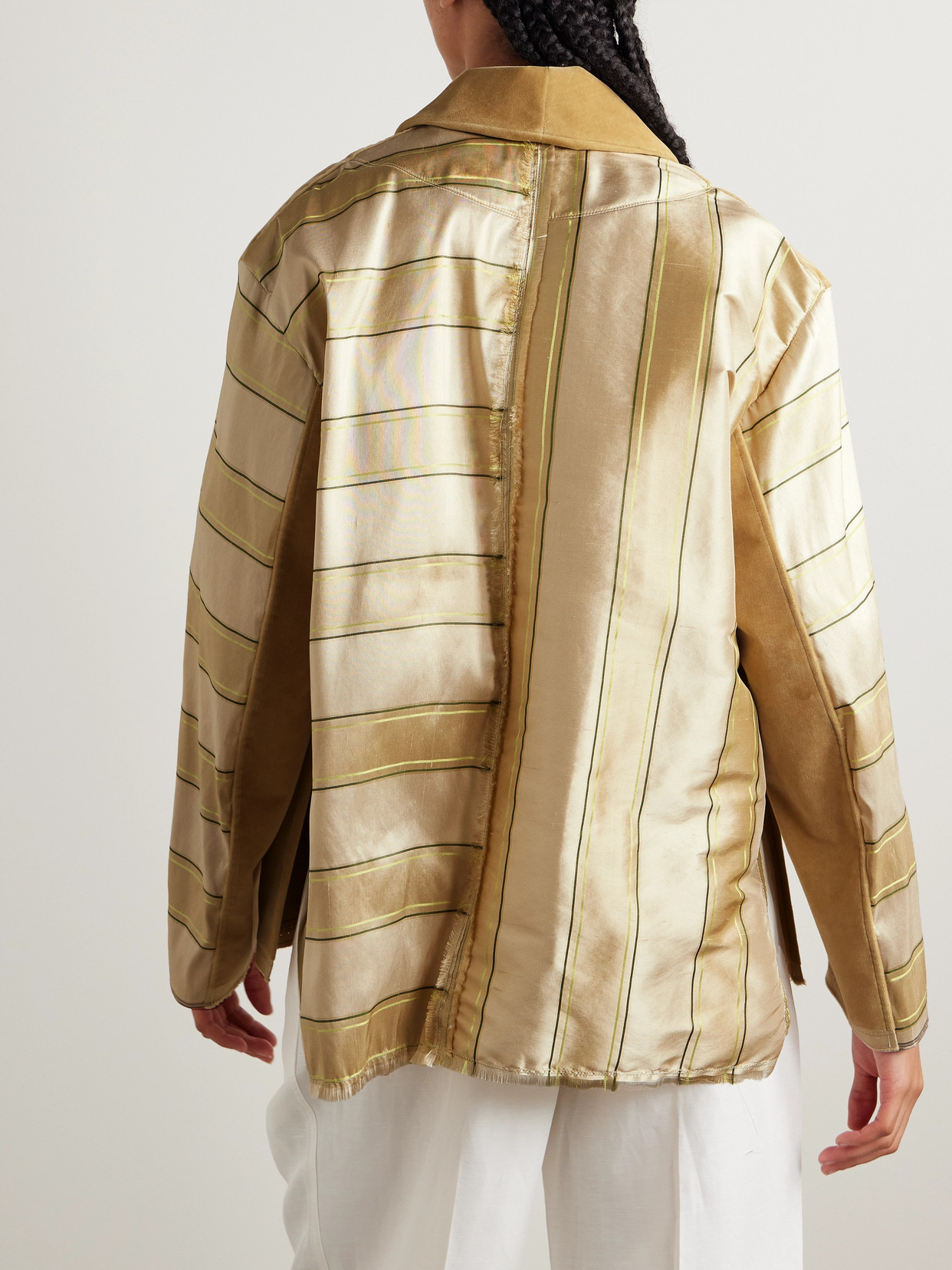 Thank You Have A Good Day Paneled Cotton-velvet And Striped Silk Blazer In Brown