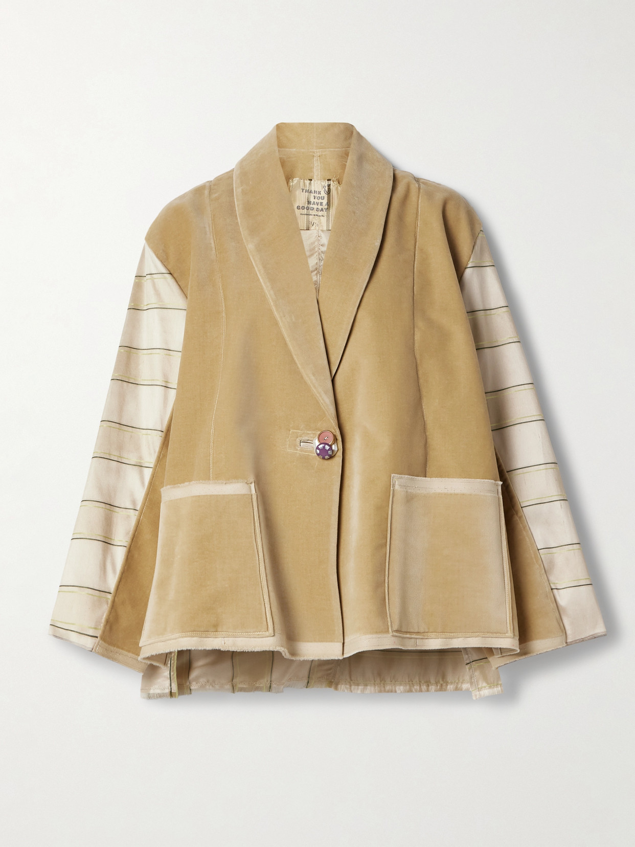 Thank You Have A Good Day Paneled Cotton-velvet And Striped Silk Blazer In Brown