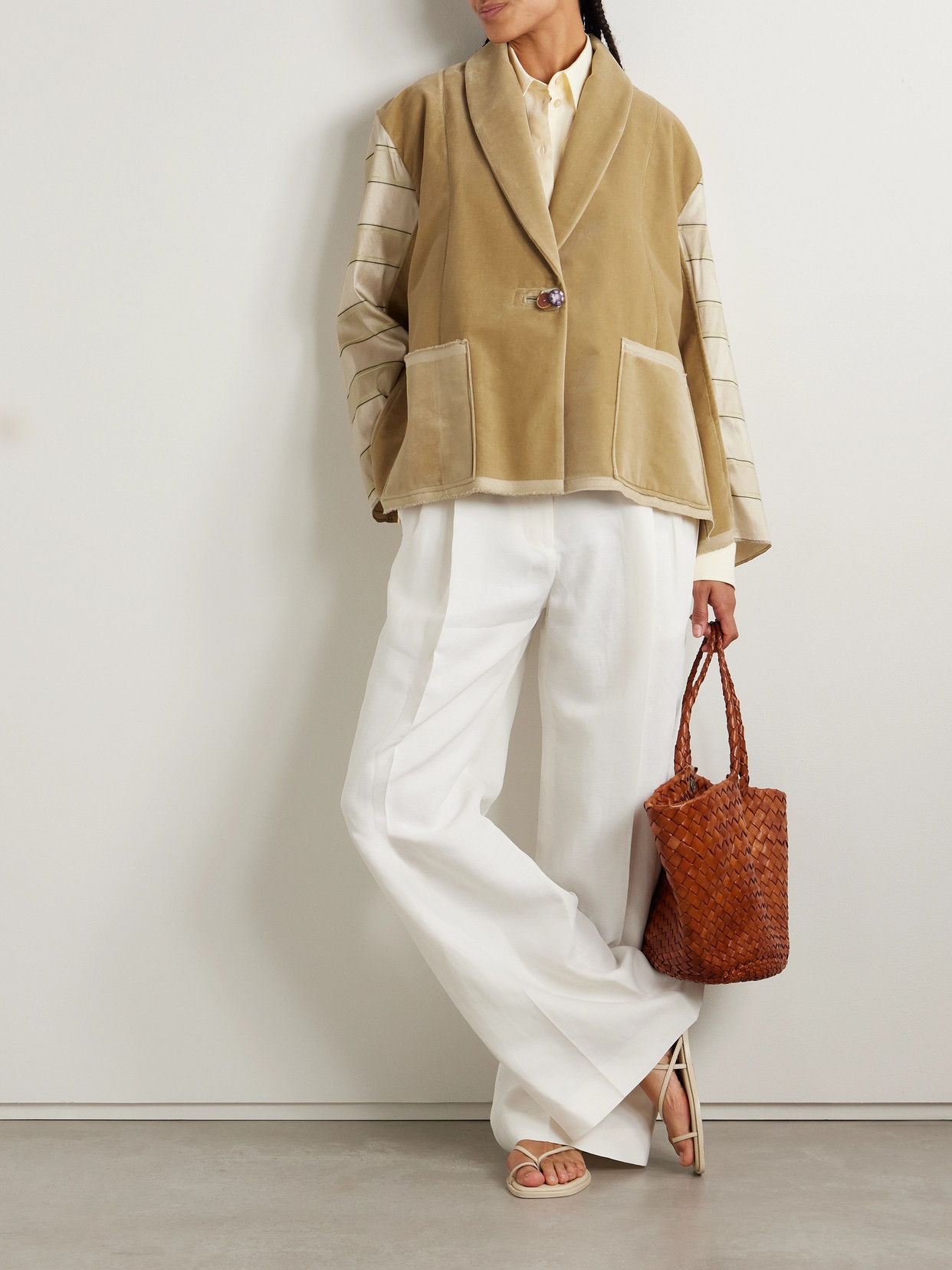 Thank You Have A Good Day Paneled Cotton-velvet And Striped Silk Blazer In Brown