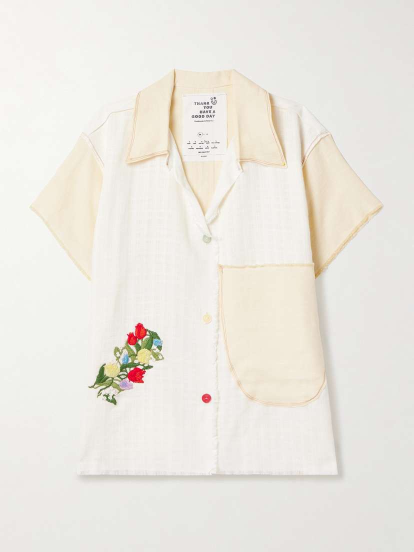Thank You Have A Good Day Appliquéd Frayed Two-tone Linen Shirt