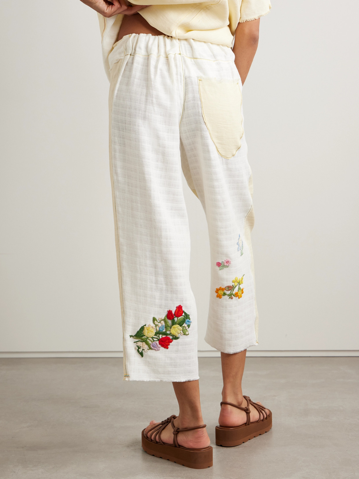 Shop Thank You Have A Good Day Cropped Paneled Appliquéd Linen Wide-leg Pants In Yellow