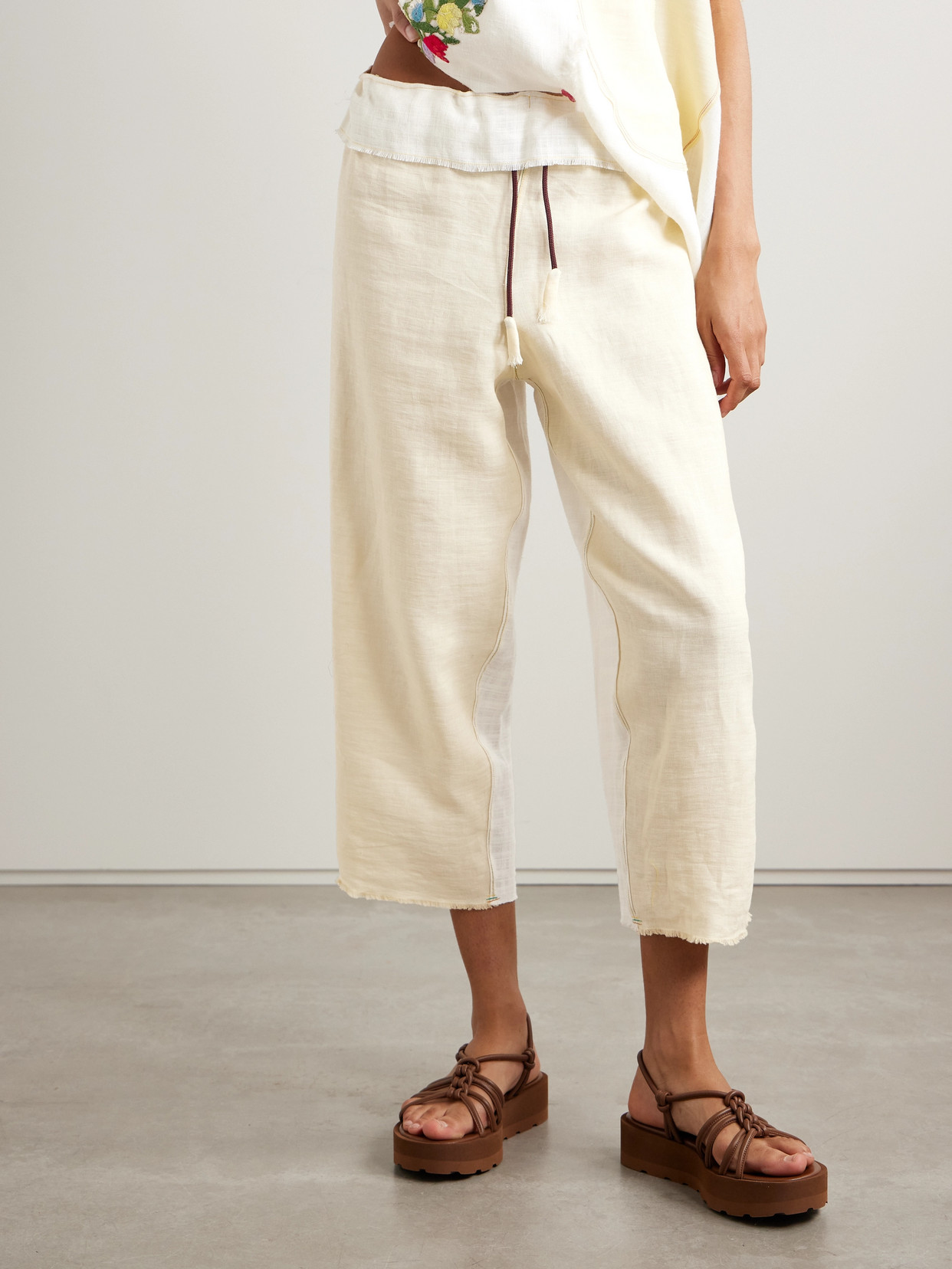 Shop Thank You Have A Good Day Cropped Paneled Appliquéd Linen Wide-leg Pants In Yellow