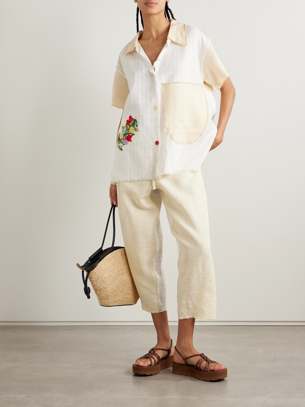 Shop Thank You Have A Good Day Cropped Paneled Appliquéd Linen Wide-leg Pants In Yellow