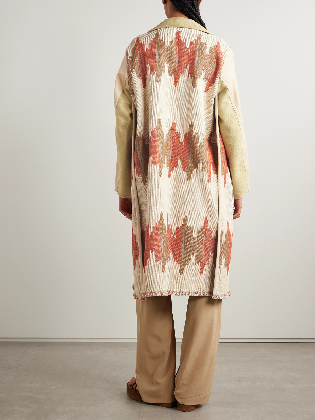 Thank You Have A Good Day Crosby Paneled Cotton-jacquard, Velvet And Herringbone-twill Coat In Neutrals