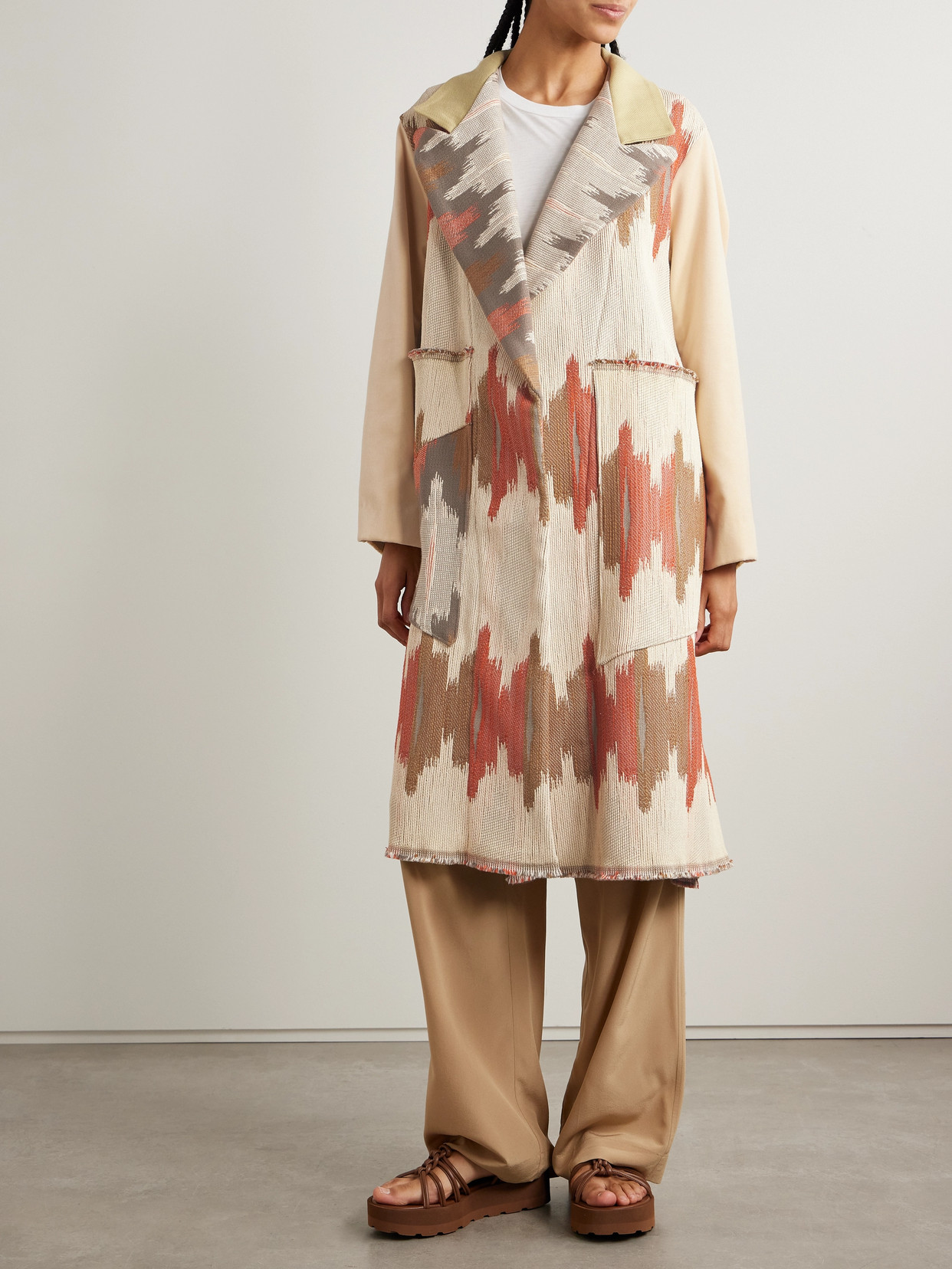 Thank You Have A Good Day Crosby Paneled Cotton-jacquard, Velvet And Herringbone-twill Coat In Neutrals