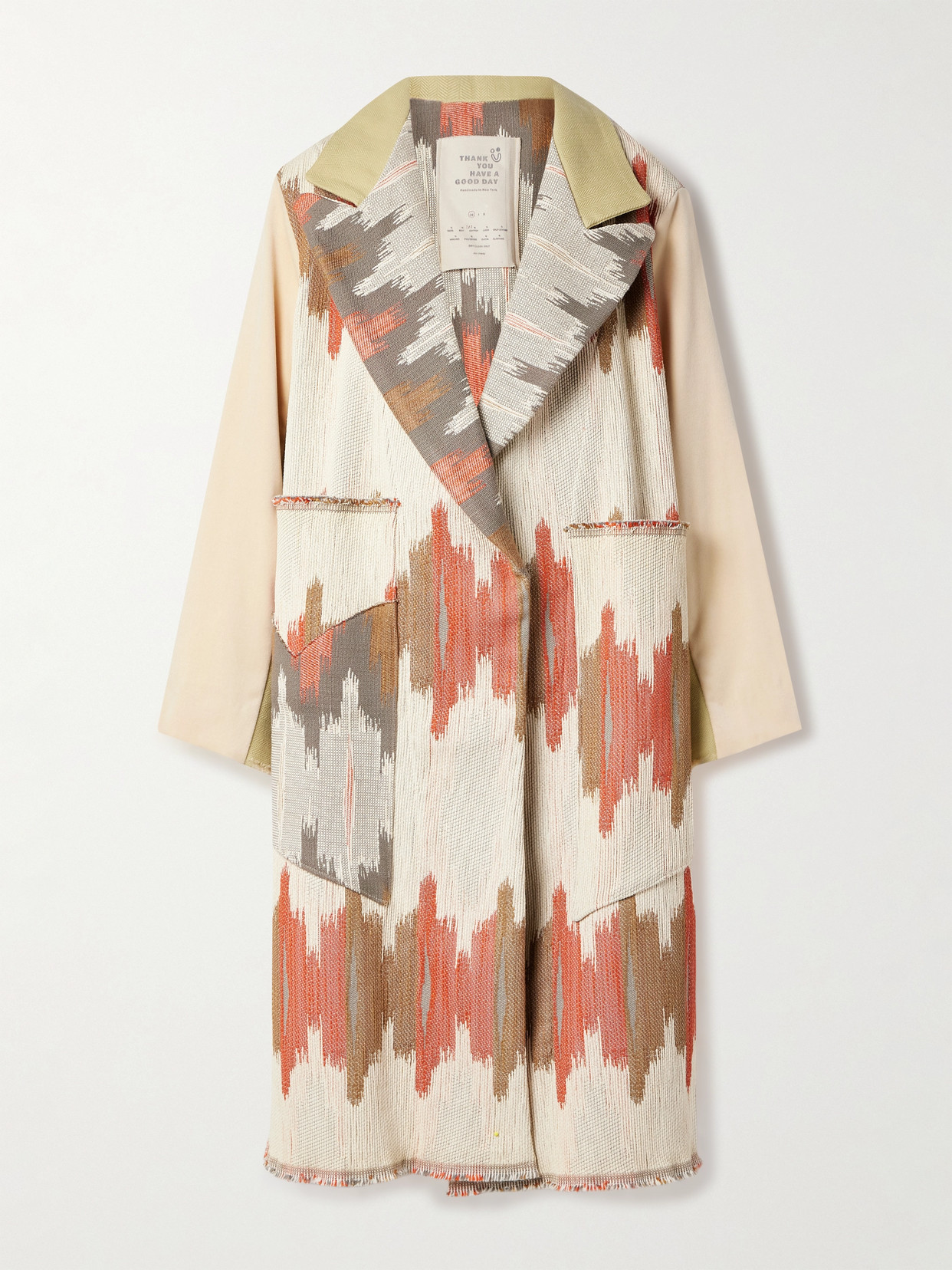 Thank You Have A Good Day Crosby Paneled Cotton-jacquard, Velvet And Herringbone-twill Coat In Neutrals