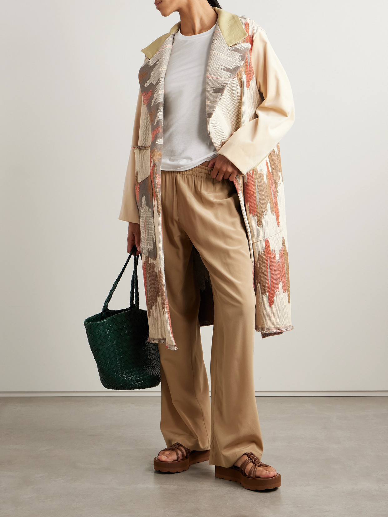 Thank You Have A Good Day Crosby Paneled Cotton-jacquard, Velvet And Herringbone-twill Coat In Neutrals
