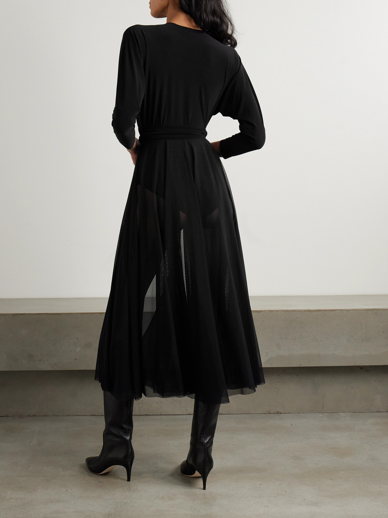 Norma Kamali Pleated Mesh-trimmed Stretch-jersey Midi Dress In Black