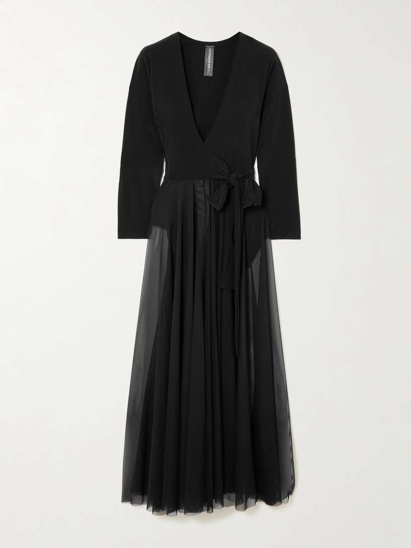 Norma Kamali Pleated Mesh-trimmed Stretch-jersey Midi Dress