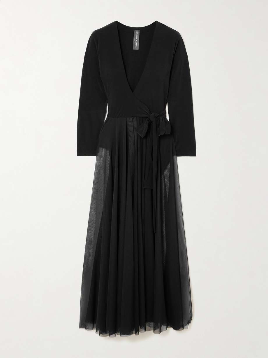 pleated mesh-trimmed stretch-jersey midi dress