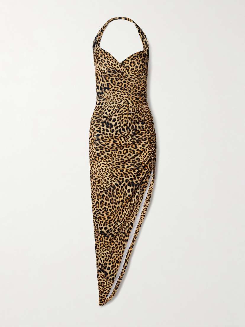 Norma Kamali Cayla Ruched Leopard-print Stretch-jersey Halterneck Gown
