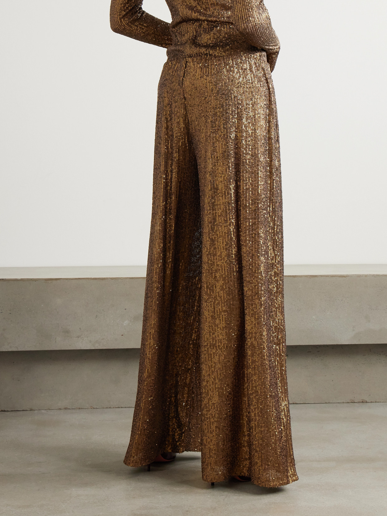 NORMA KAMALI SEQUINED STRETCH-MESH WIDE-LEG PANTS