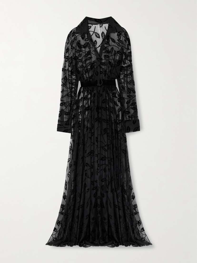 Norma Kamali Appliquéd Belted Stretch-mesh Gown