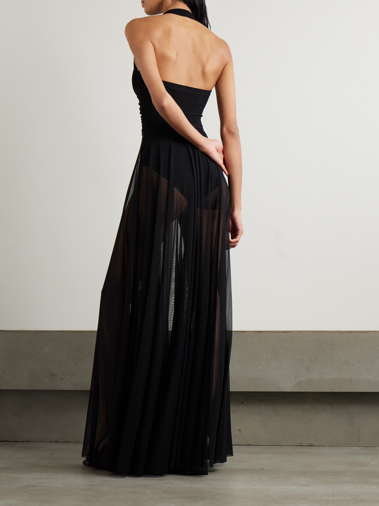Norma Kamali Cayla Pleated Stretch-jersey And Mesh Halterneck Maxi Dress In Black
