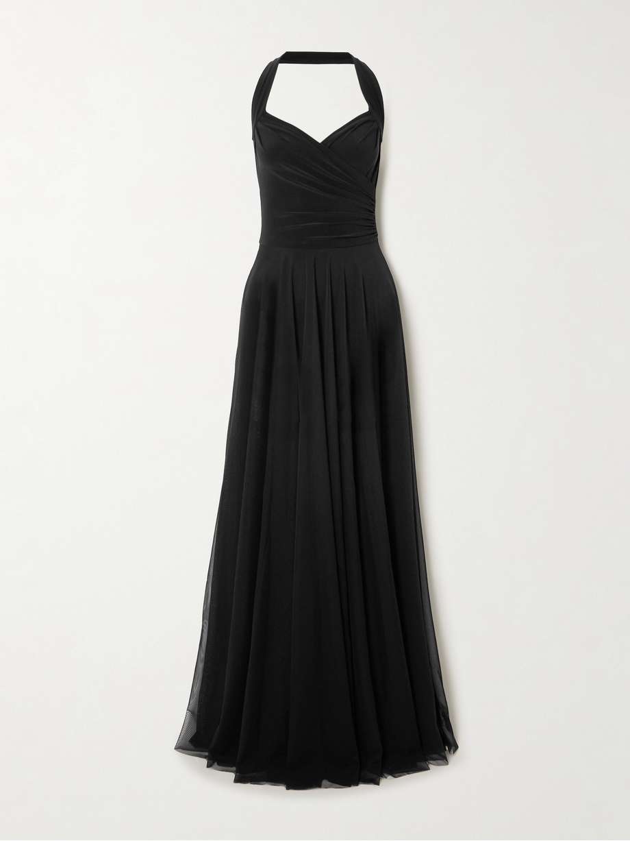 cayla pleated stretch-jersey and mesh halterneck maxi dress