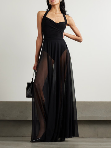 Norma Kamali Cayla pleated stretch-jersey and mesh halterneck maxi dress