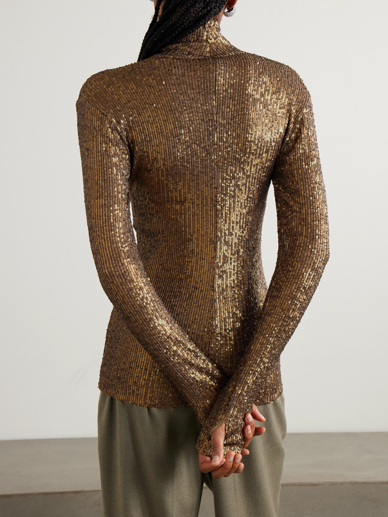 NORMA KAMALI SEQUINED STRETCH-MESH TURTLENECK TOP