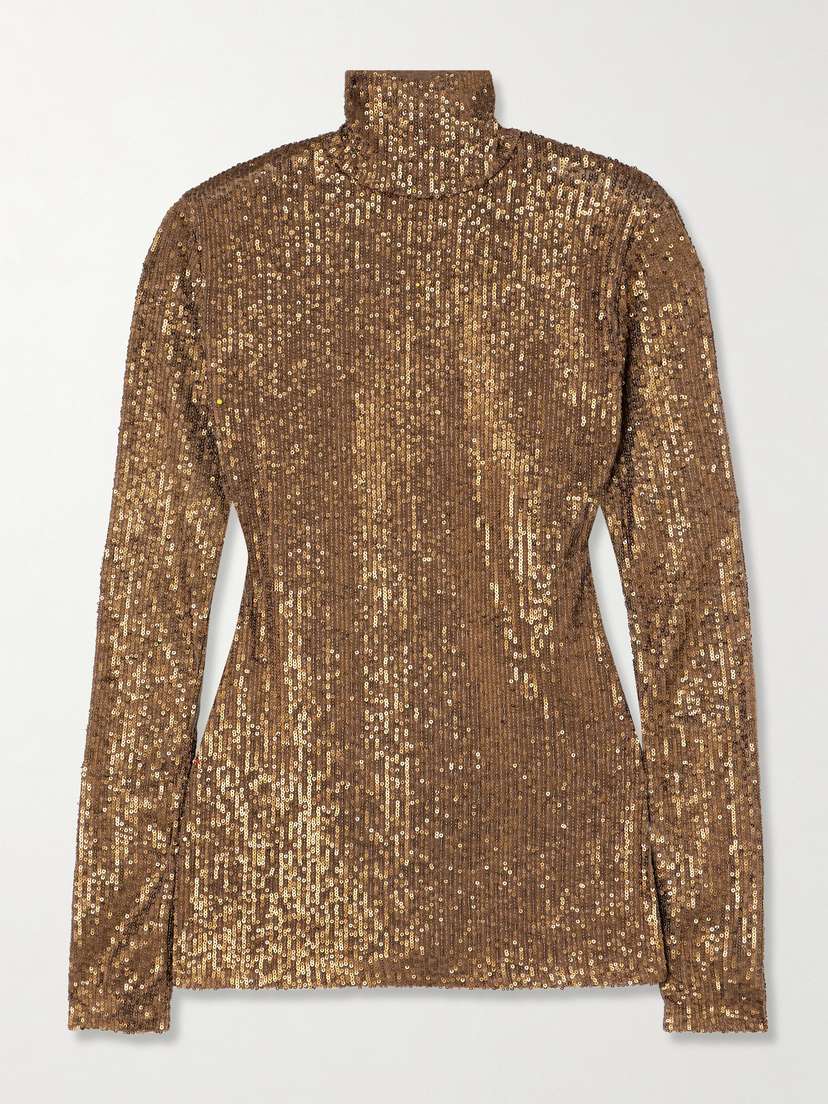 Norma Kamali Sequined Stretch-mesh Turtleneck Top