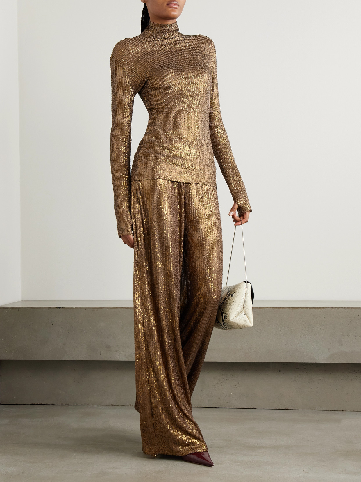 NORMA KAMALI SEQUINED STRETCH-MESH TURTLENECK TOP