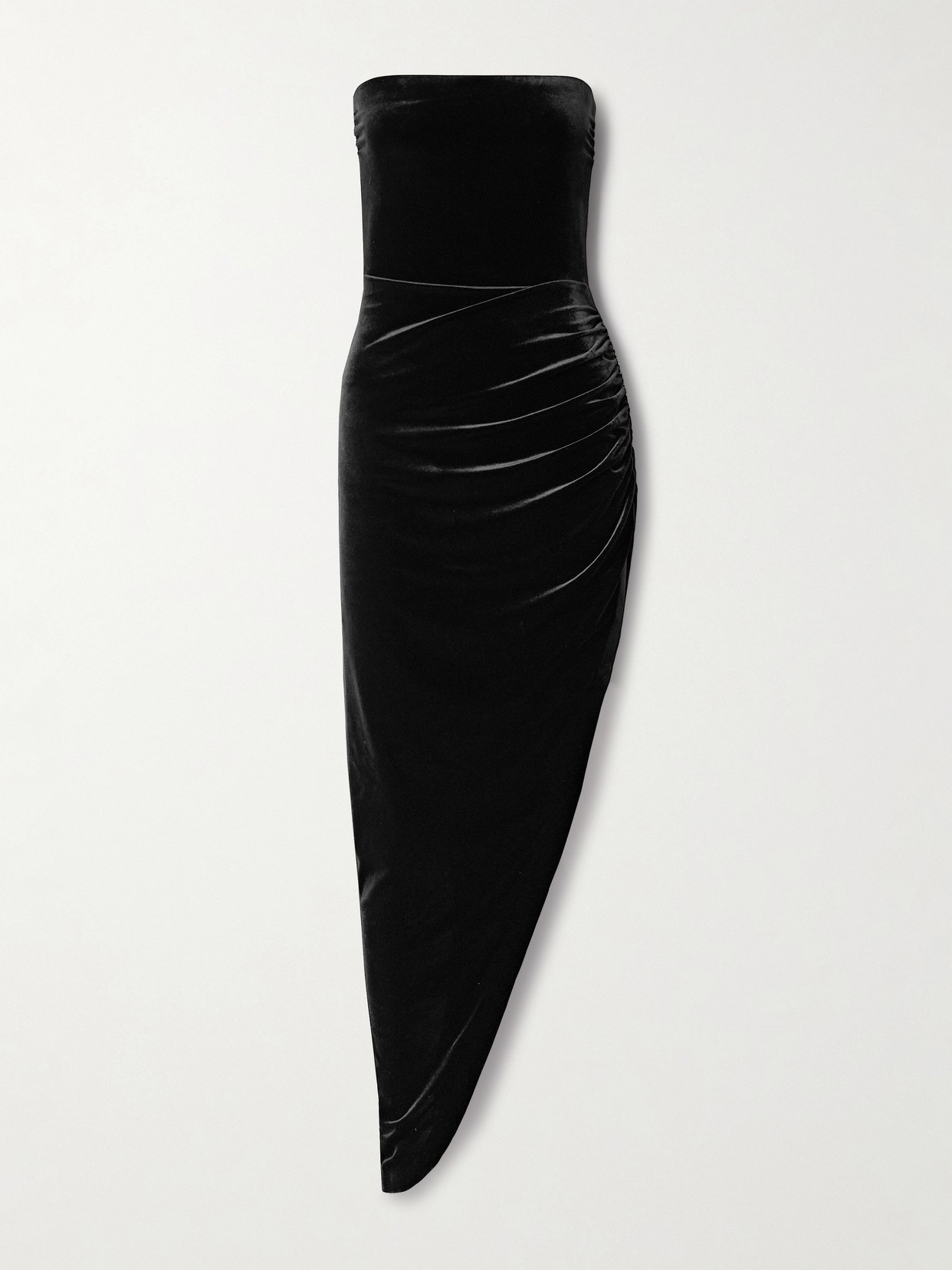 Norma Kamali Strapless Asymmetric Stretch-velvet Midi Dress In Black