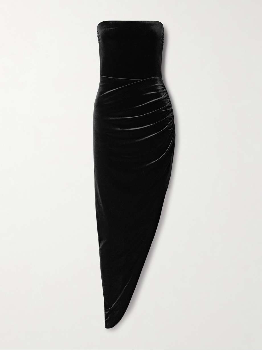 strapless asymmetric stretch-velvet midi dress
