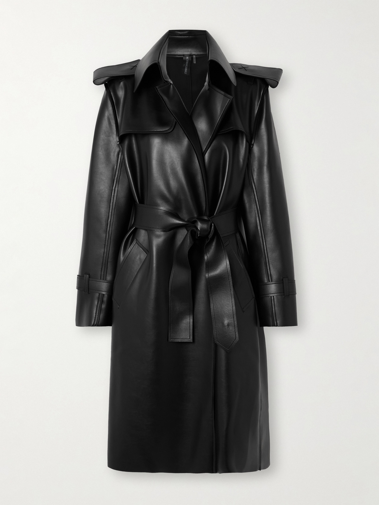 Norma Kamali Belted Vegan Leather Trench Coat In Black