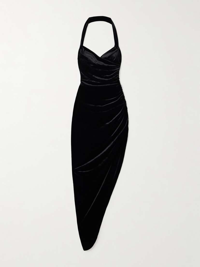 Norma Kamali Cayla Asymmetric Ruched Velvet Halterneck Gown
