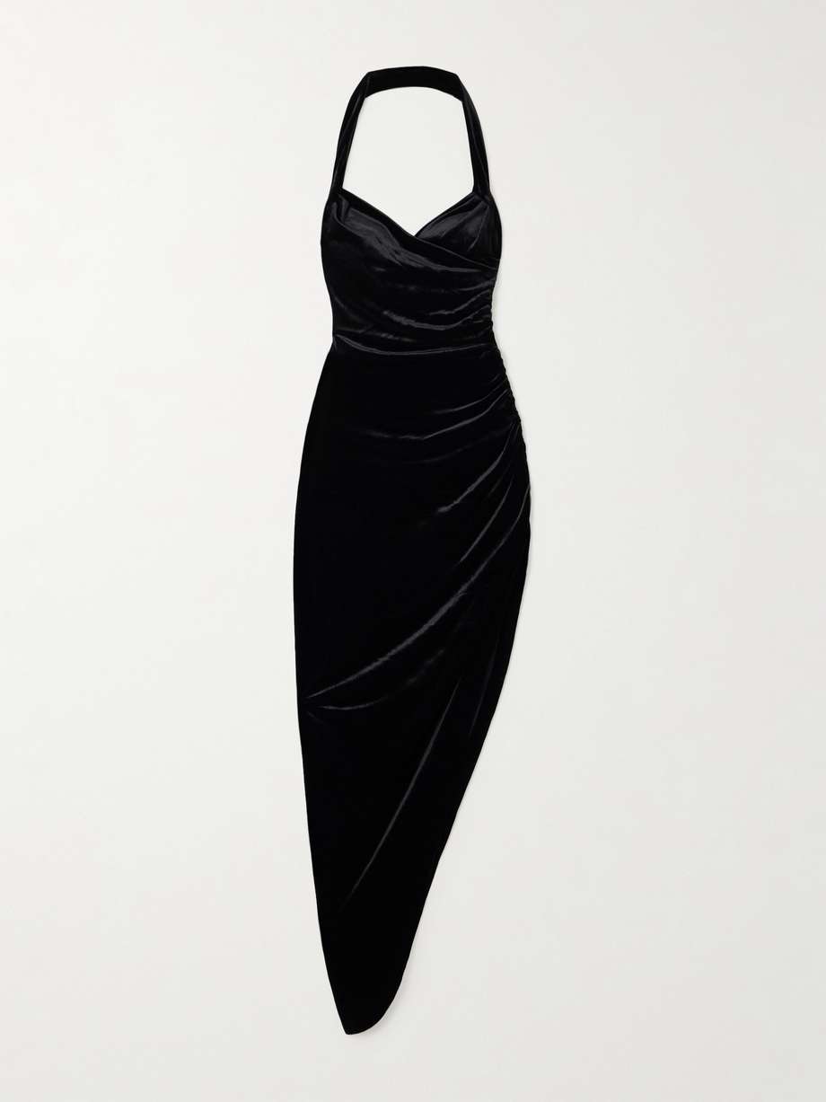 cayla asymmetric ruched velvet halterneck gown