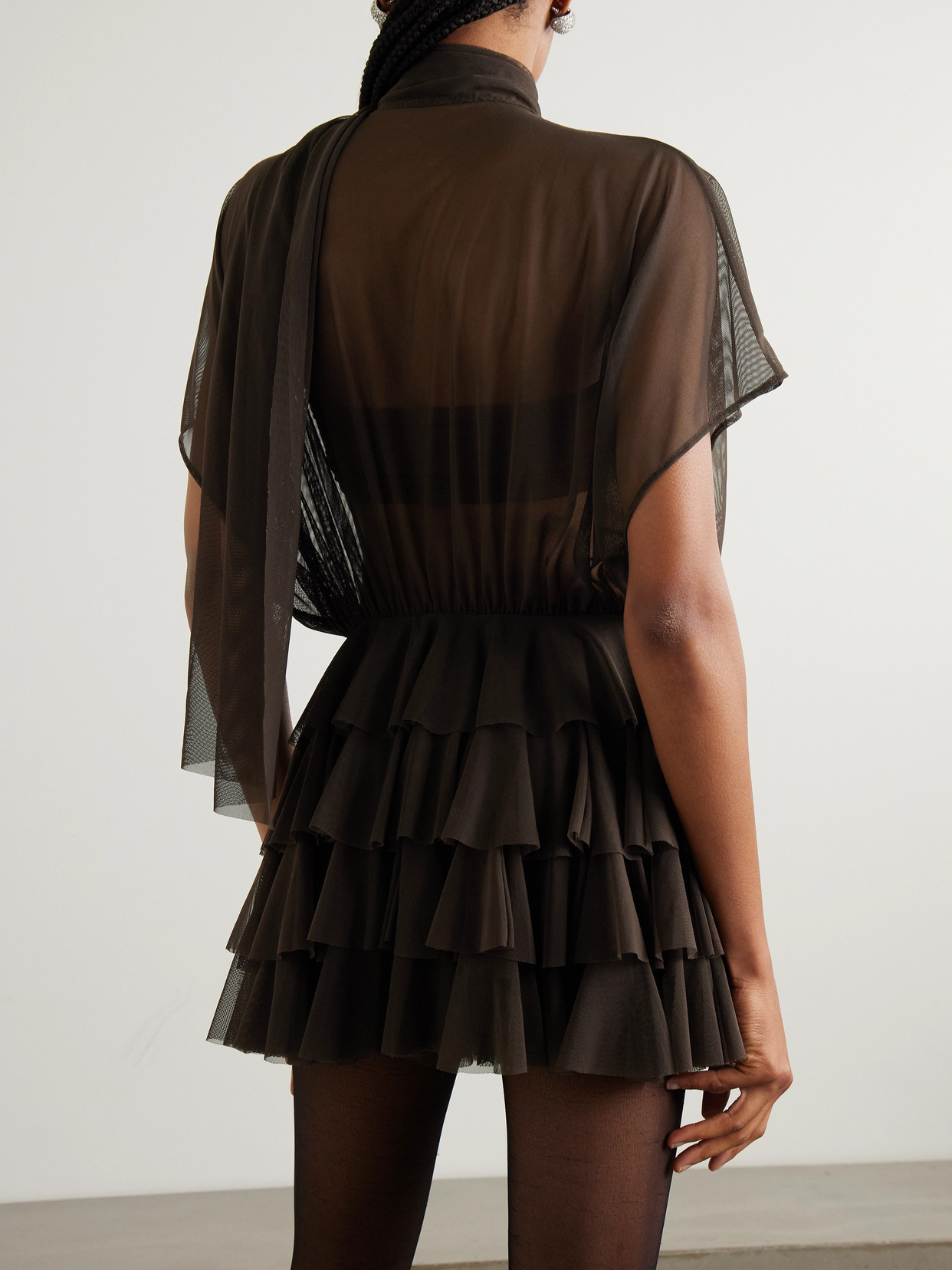 Norma Kamali Lauren Tie-neck Ruffled Stretch-mesh Mini Dress In Brown