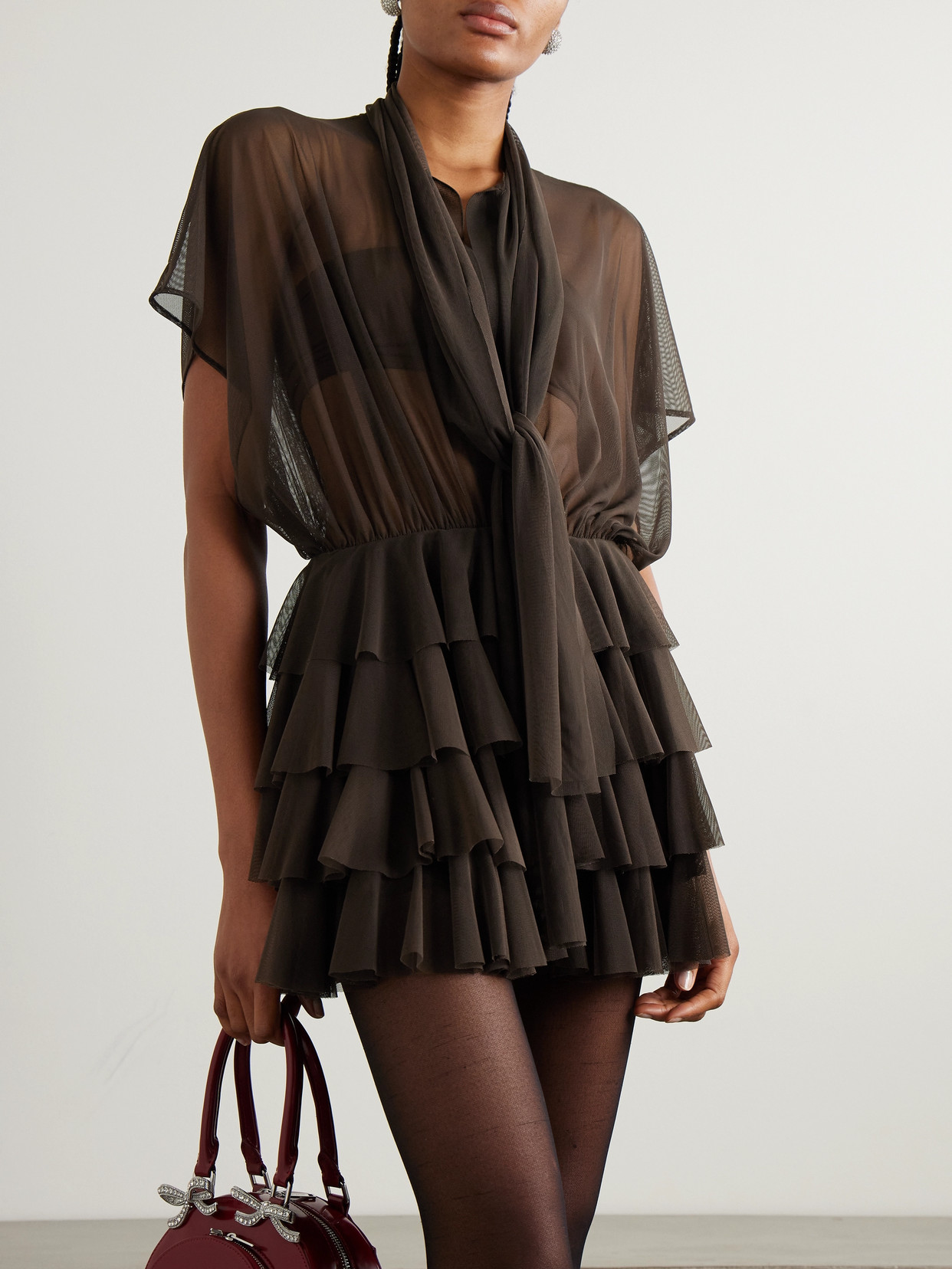 Norma Kamali Lauren Tie-neck Ruffled Stretch-mesh Mini Dress In Brown
