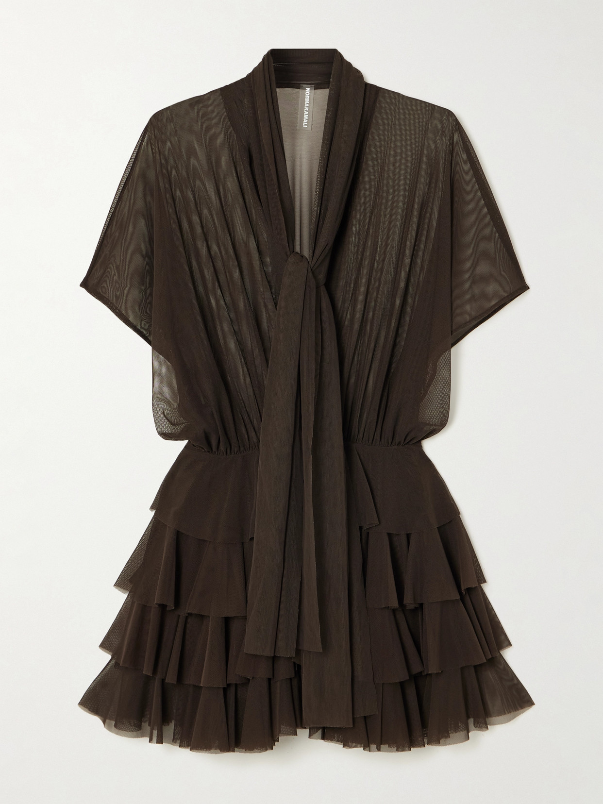 Norma Kamali Lauren Tie-neck Ruffled Stretch-mesh Mini Dress In Brown