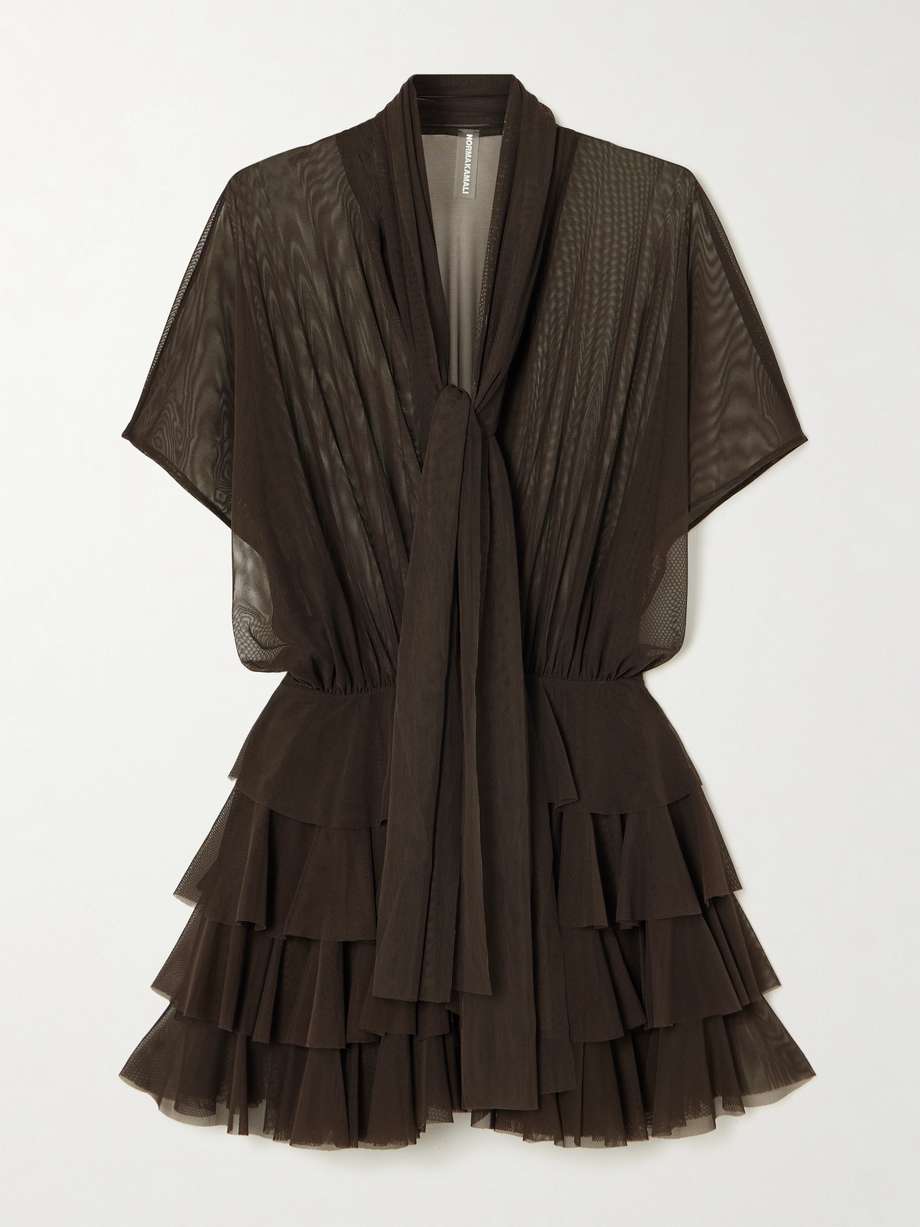 lauren tie-neck ruffled stretch-mesh mini dress
