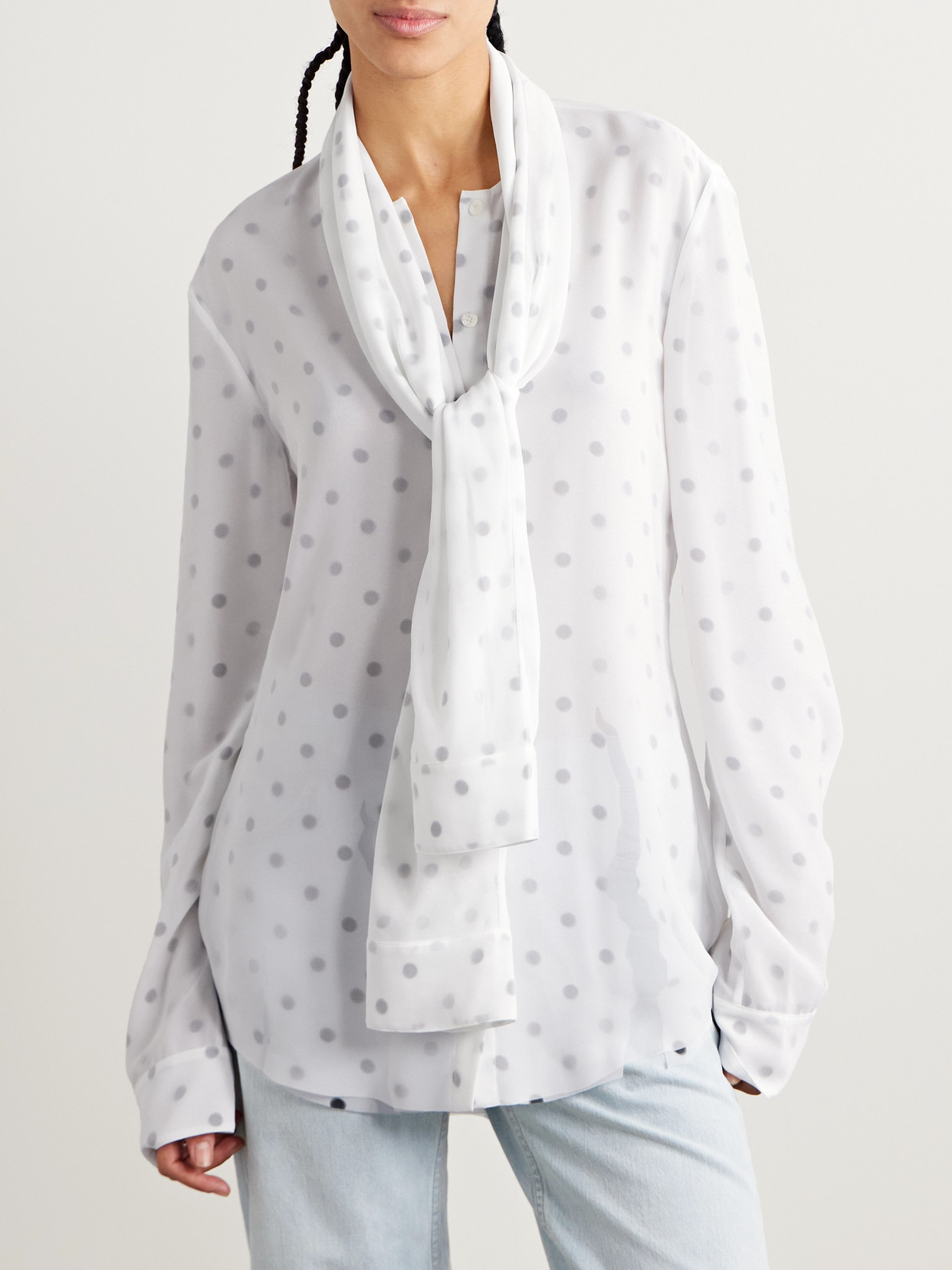 Acne Studios Layered Tie-neck Distressed Polka-dot Georgette Blouse In White