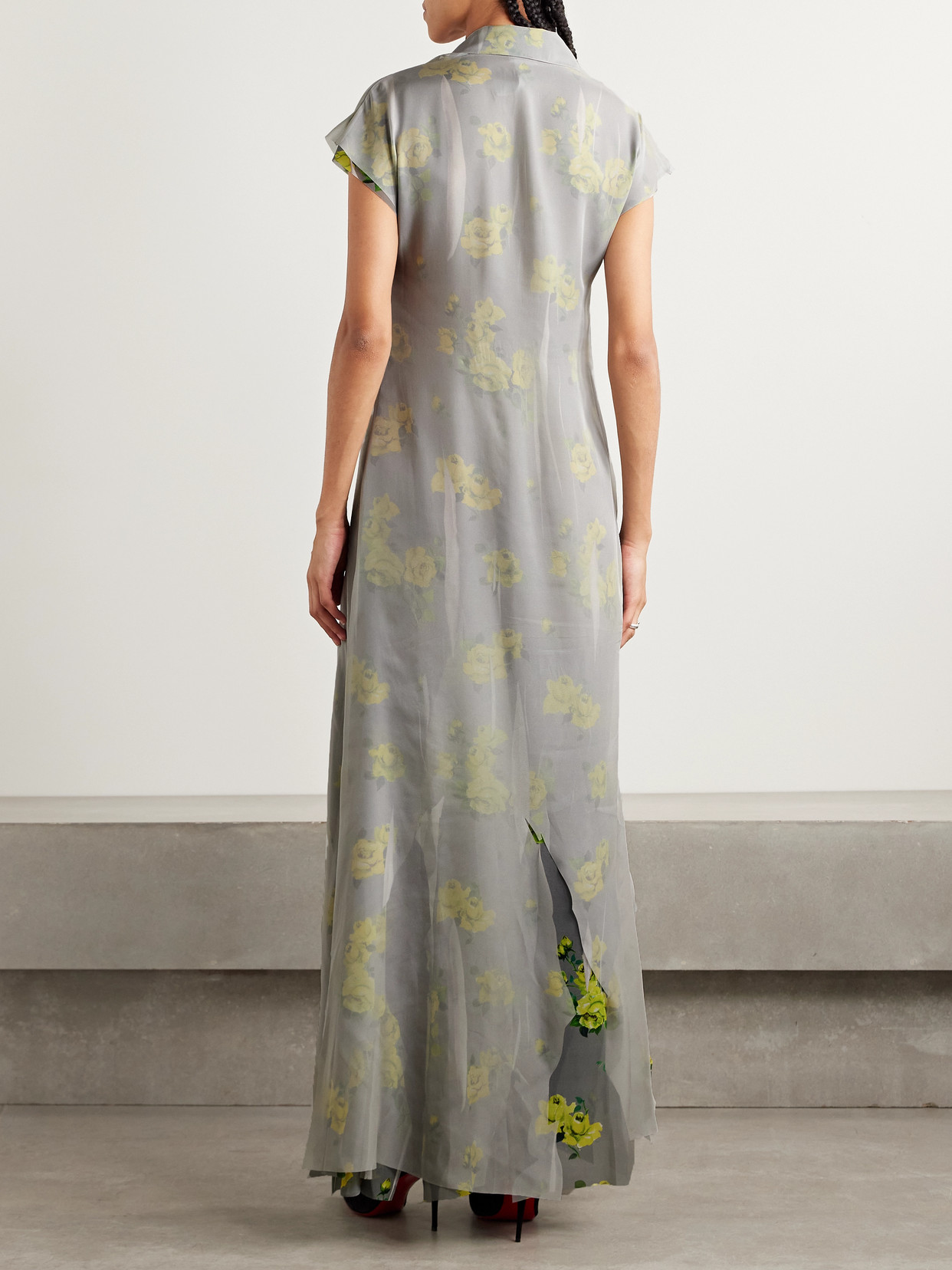 Acne Studios Layered Chiffon And Floral-print Crepe Maxi Dress In Gray
